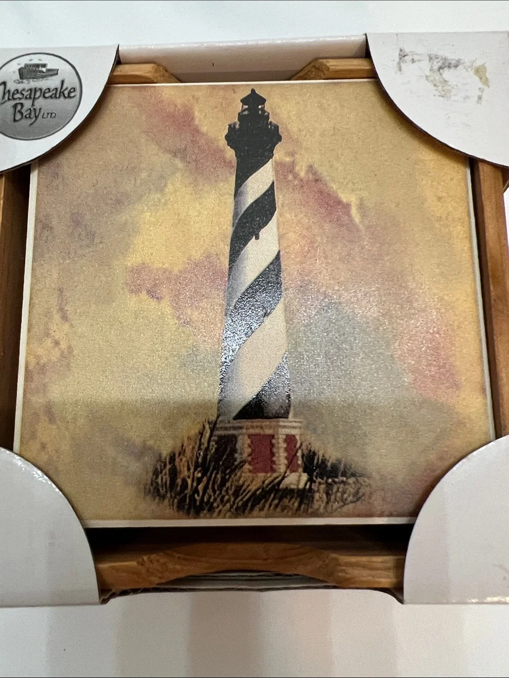 Chesapeake Bay Set of 4 Piece Stone/Ceramic Lighthouse  Coaster Set Wooden Base